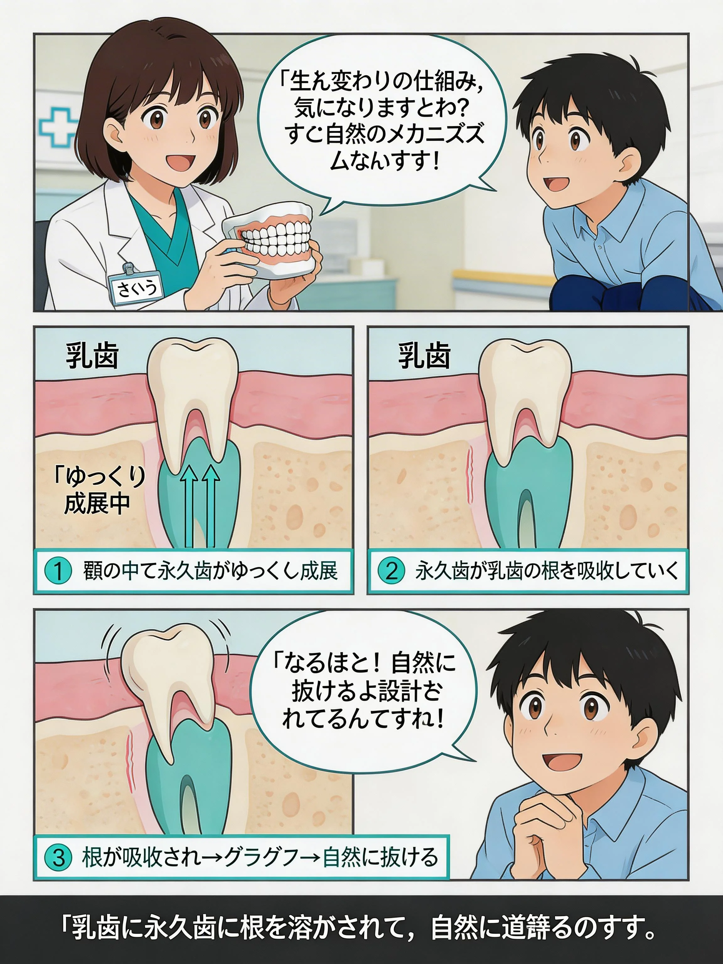 永久歯が乳歯の根を溶かして生え変わる仕組みを説明するパネル