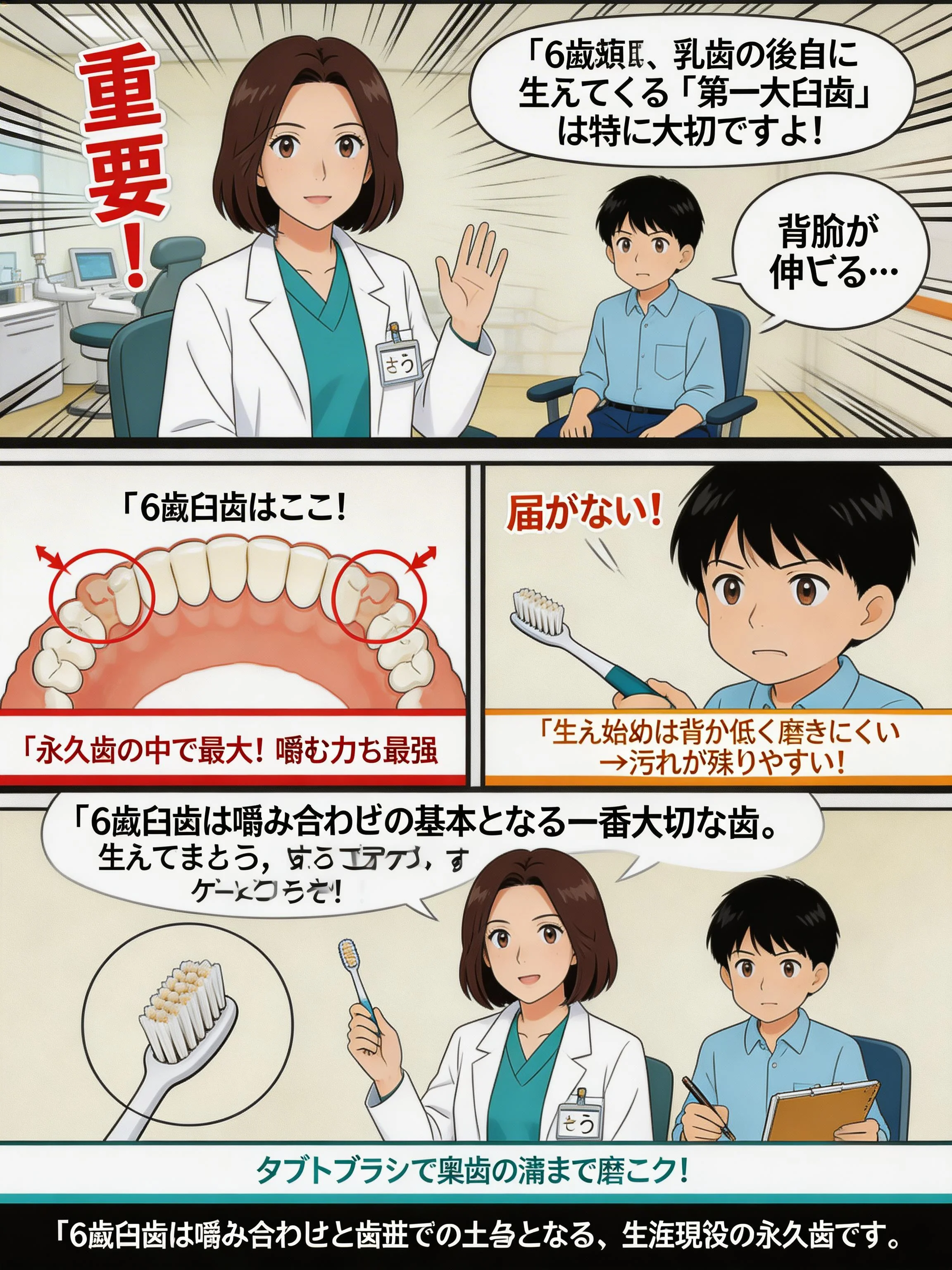 6歳臼歯（第一大臼歯）の重要性と磨きにくい理由を解説するパネル