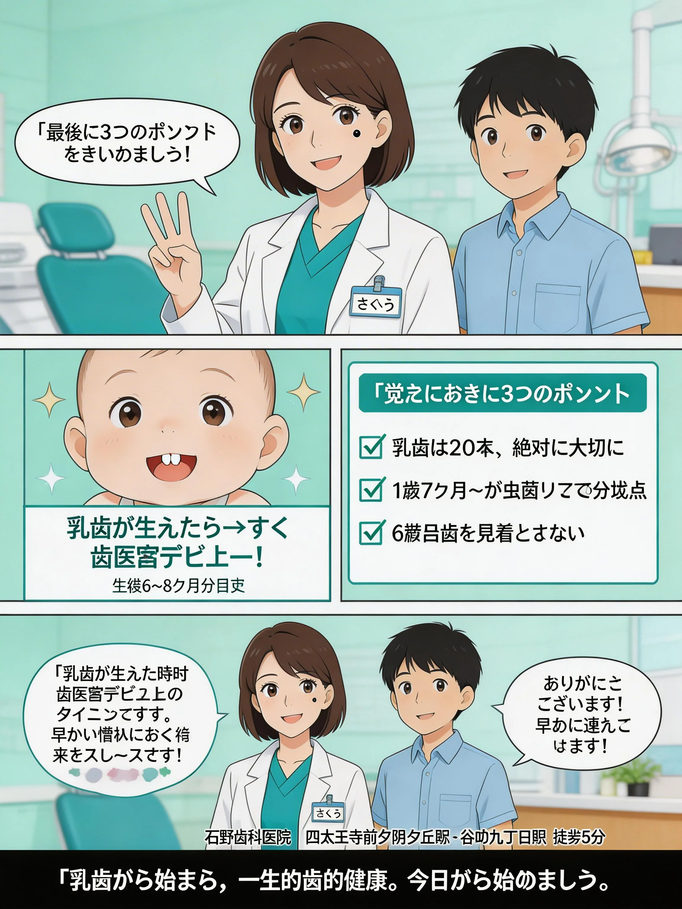 乳歯ケアのまとめと歯医者デビューのタイミングを解説するパネル