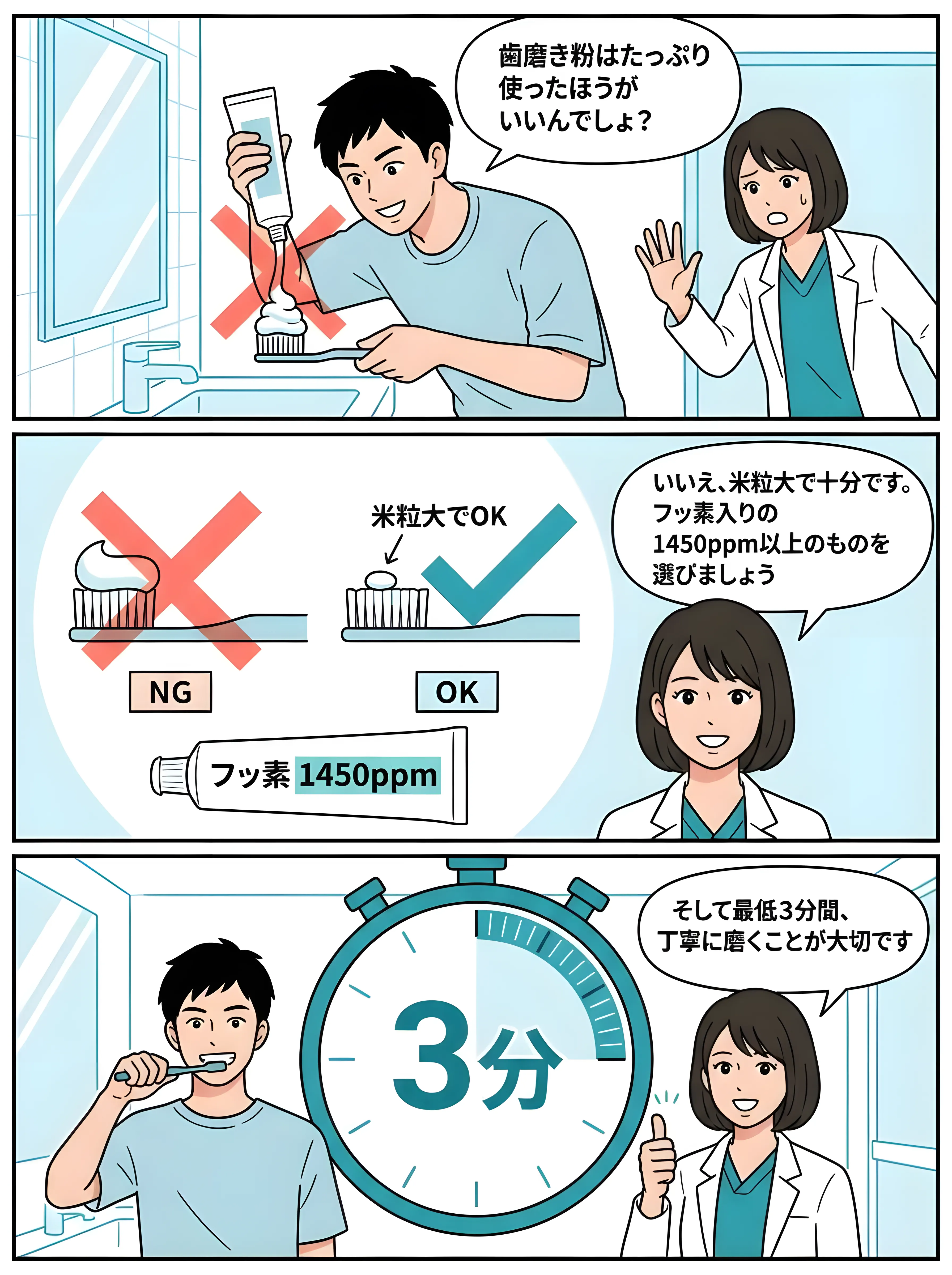 歯磨き粉の適量と磨き時間の解説マンガ - フッ素1000ppm以上推奨・米粒大・3分間