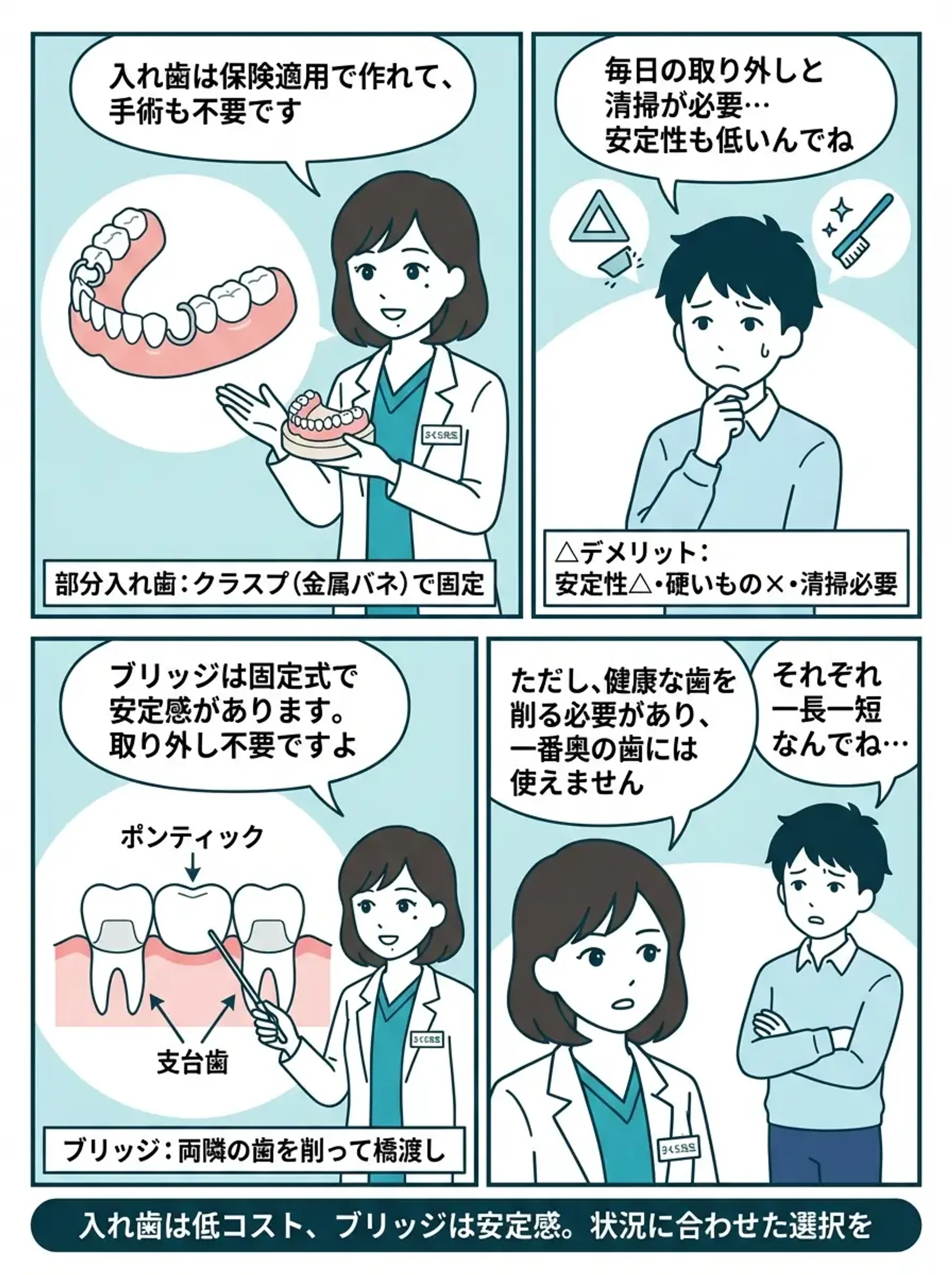 入れ歯・ブリッジ解説 - 部分入れ歯のクラスプ構造とブリッジの支台歯・ポンティック図解を比較