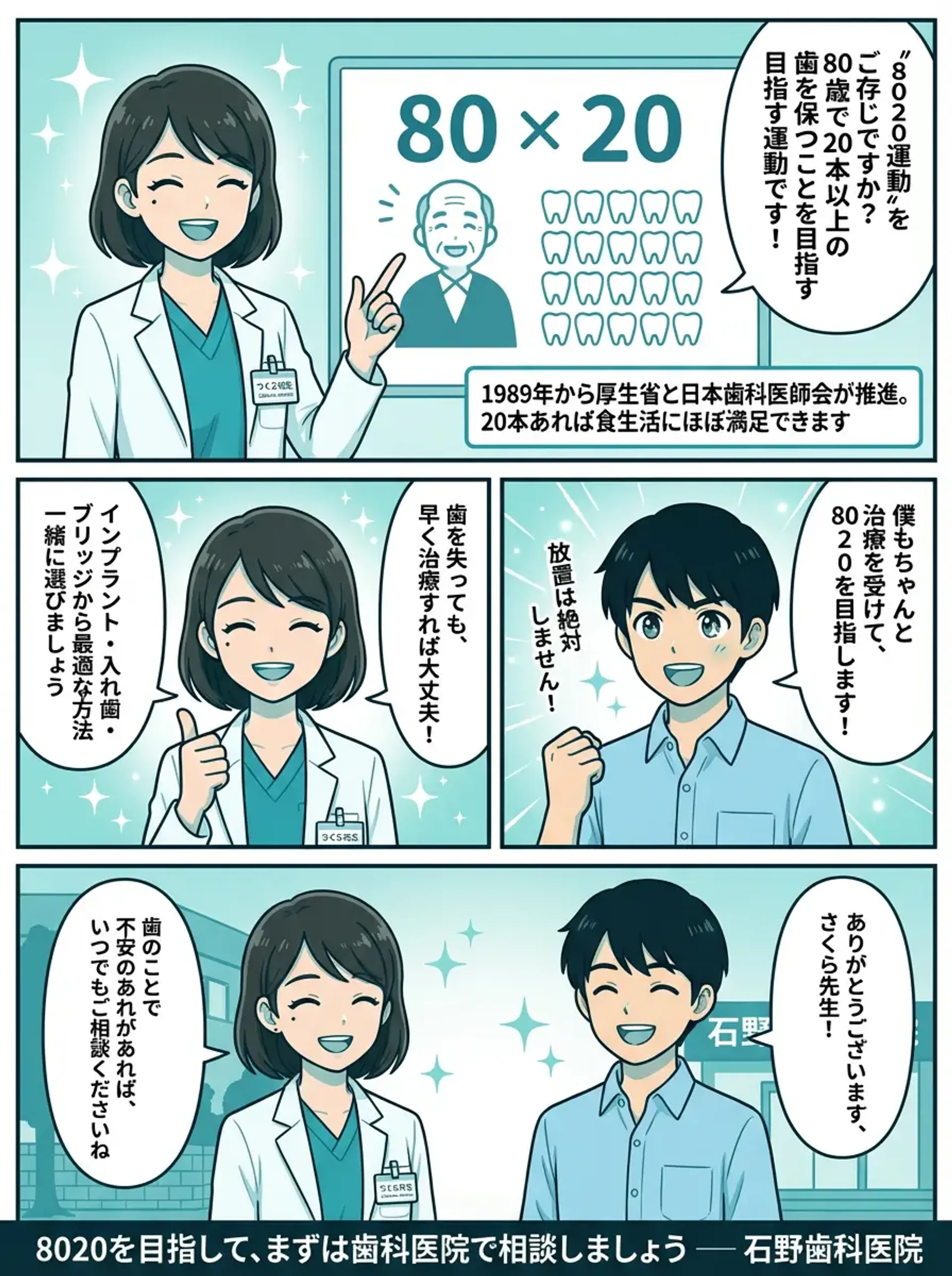 まとめ - 8020運動の紹介、早期治療の大切さ、さくら先生とケンタくんが笑顔で石野歯科医院へ来院促進