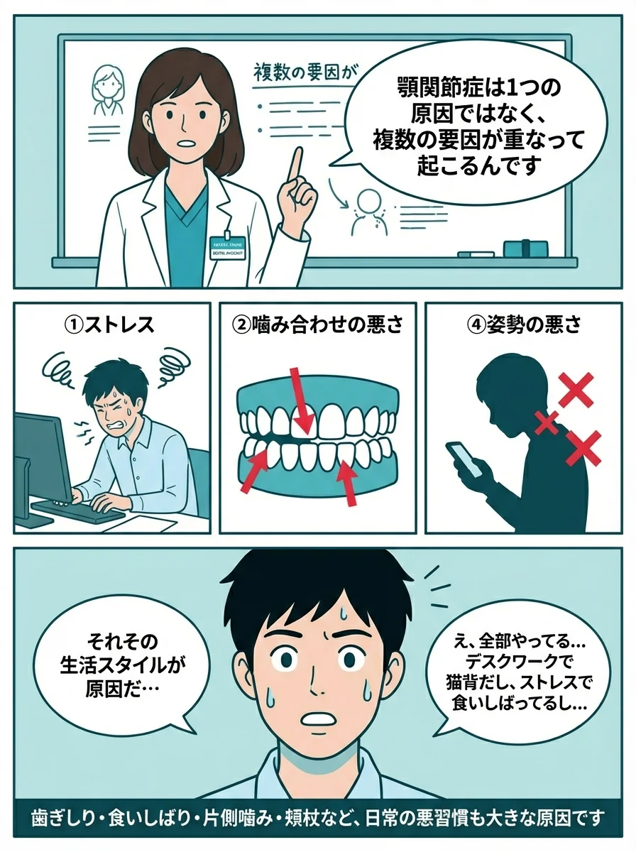 顎関節症の原因を解説するマンガ - ストレス・噛み合わせの悪さ・姿勢の悪さと日常の悪習慣