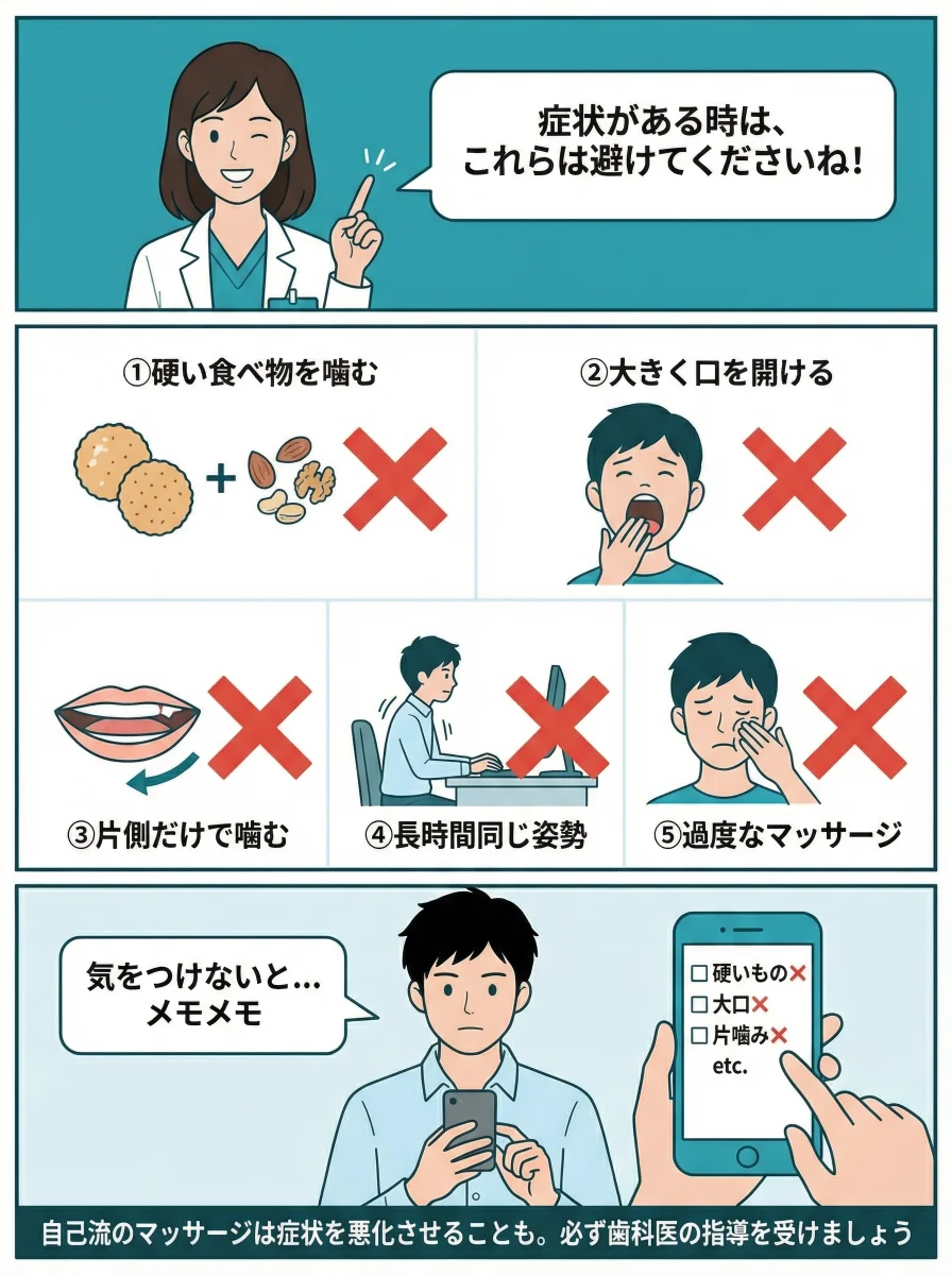 顎関節症でやってはいけないこと5つのマンガ - 硬い食べ物・大口・片側噛み・同じ姿勢・過度なマッサージ